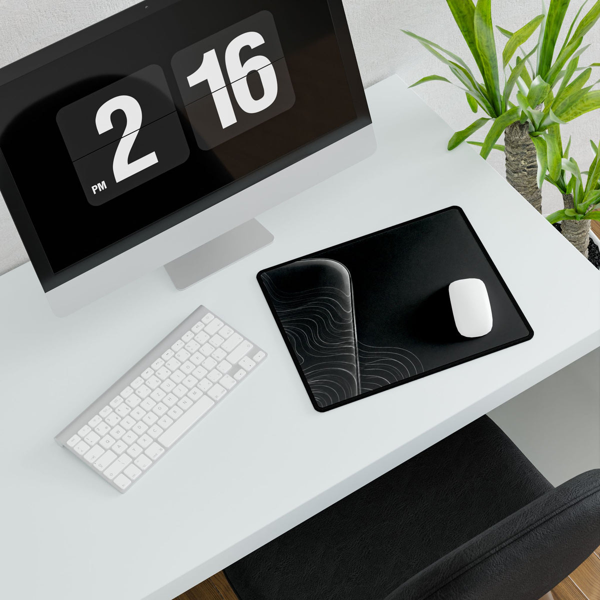 Printify preview: Charcoal Optic, 14.4 × 12.1 inches, with a mouse beside a keyboard, viewed at an angle.