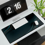 Printify preview: Teal Relief, 31.5 × 15.5 inches, angled desk view with keyboard and mouse.