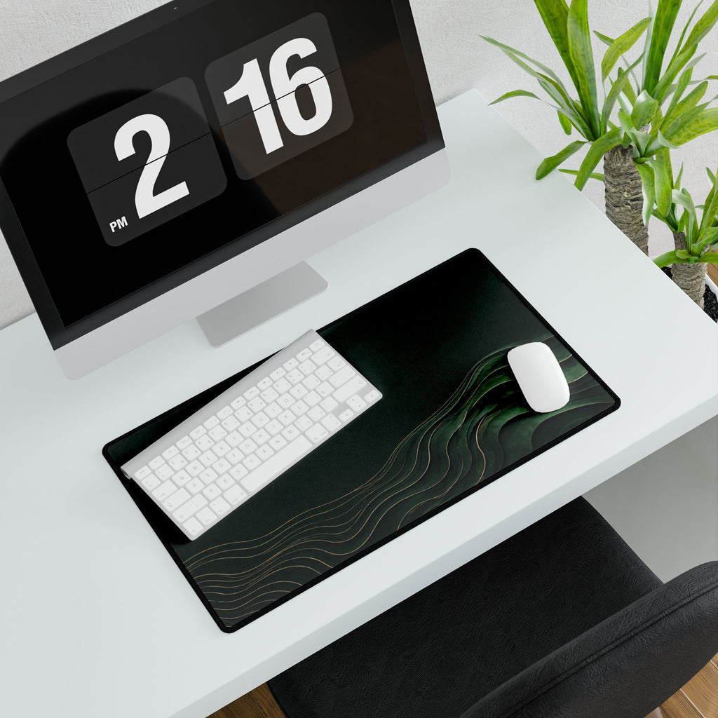 Printify preview: Forest Evolution, 23.6 × 13.8 inches, with keyboard and mouse on a white desk, viewed at an angle.