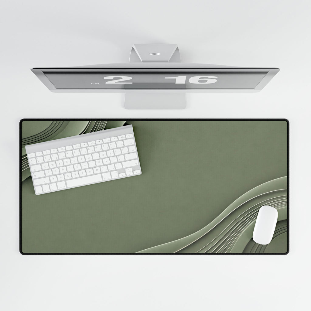 Printify preview: Sage Relief, 31.5 × 15.5 inches, overhead desk view with keyboard and mouse.