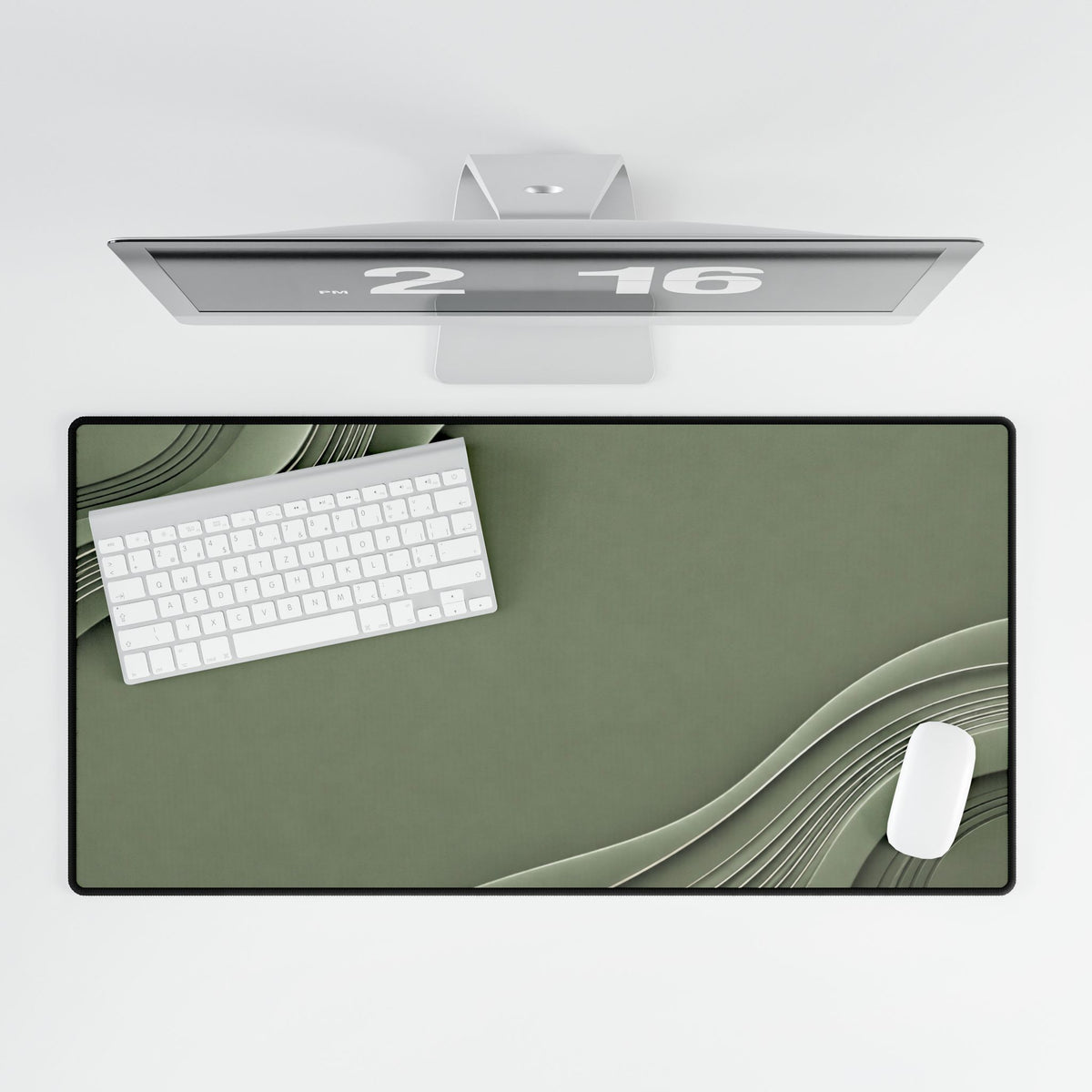 Printify preview: Sage Relief, 31.5 × 15.5 inches, overhead desk view with keyboard and mouse.