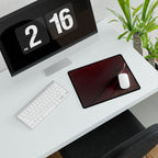 Printify preview: Burgundy Facet, 14.4 × 12.1 inches, angled desk view with keyboard and mouse.