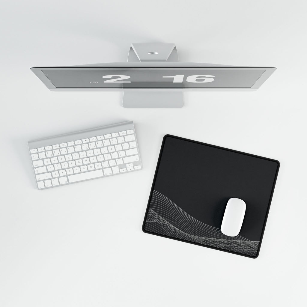 Printify preview: overhead view of Charcoal Interference, 14.4 × 12.1 inches, with a mouse beside a keyboard.