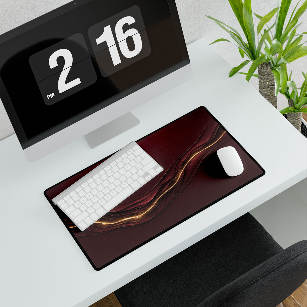 Printify preview: Burgundy Radiance, 23.6 × 13.8 inches, angled desk view with keyboard and mouse.