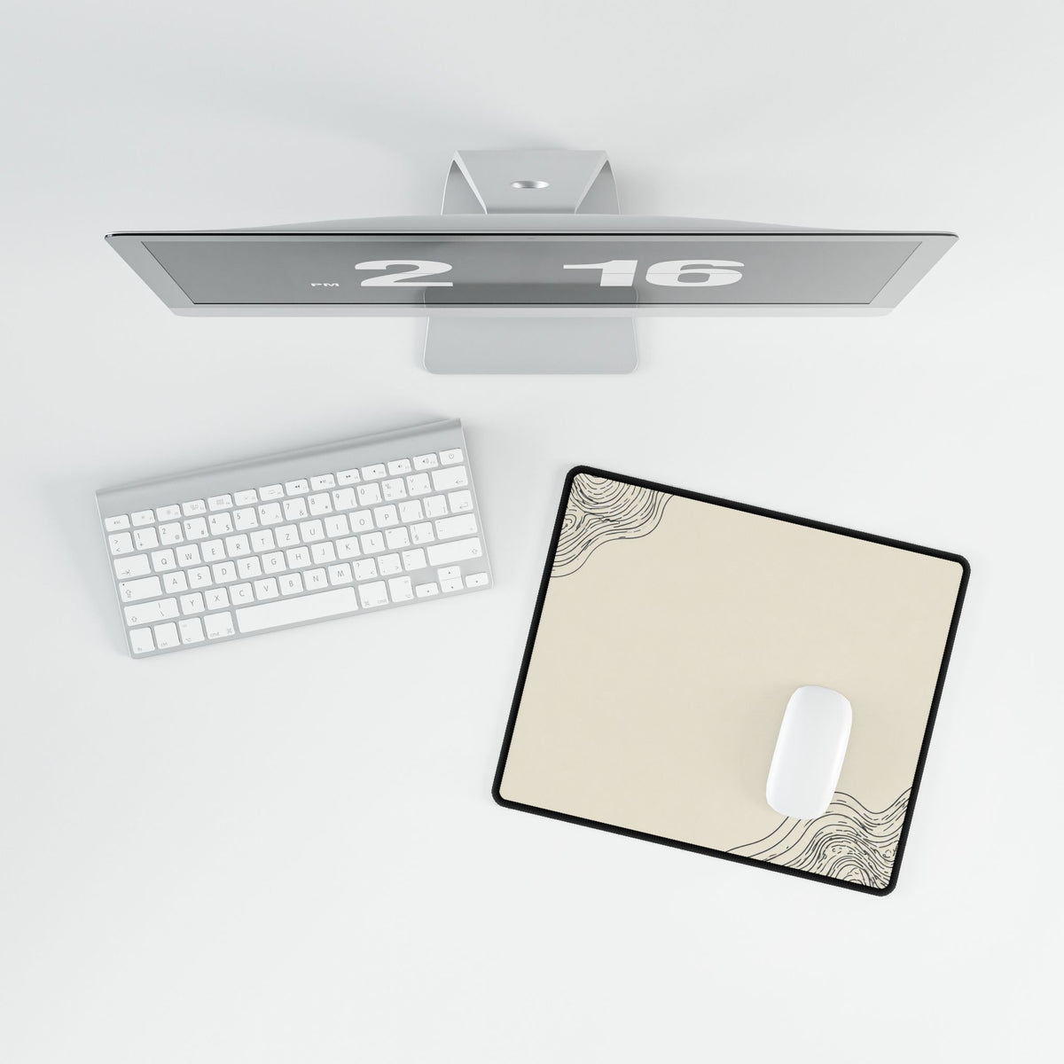 Printify preview: Minimal Porcelain Ink, 14.4 × 12.1 inches, overhead desk view with keyboard and mouse.