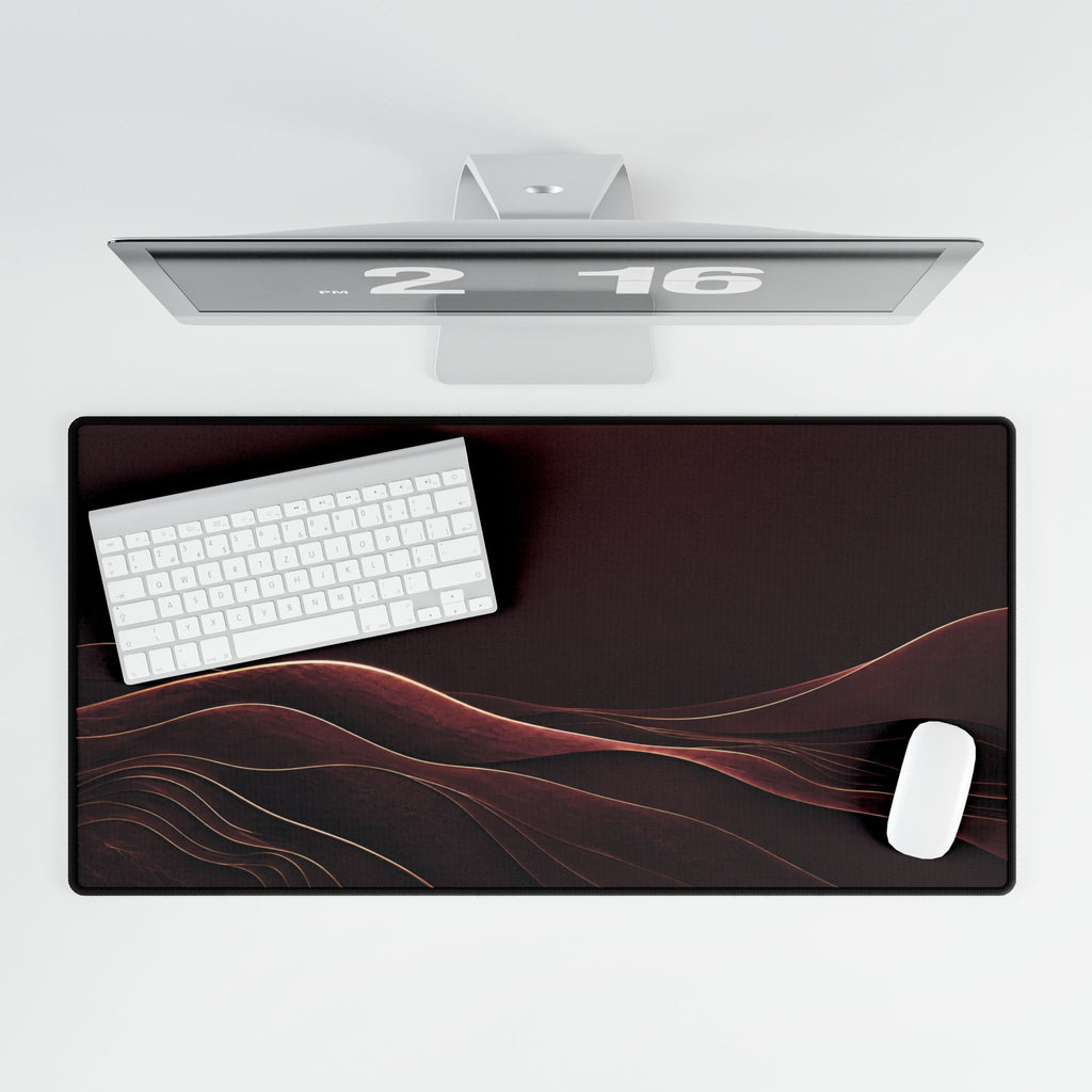 Printify preview: overhead view of Burgundy Horizon, 31.5 × 15.5 inches, with keyboard and mouse.