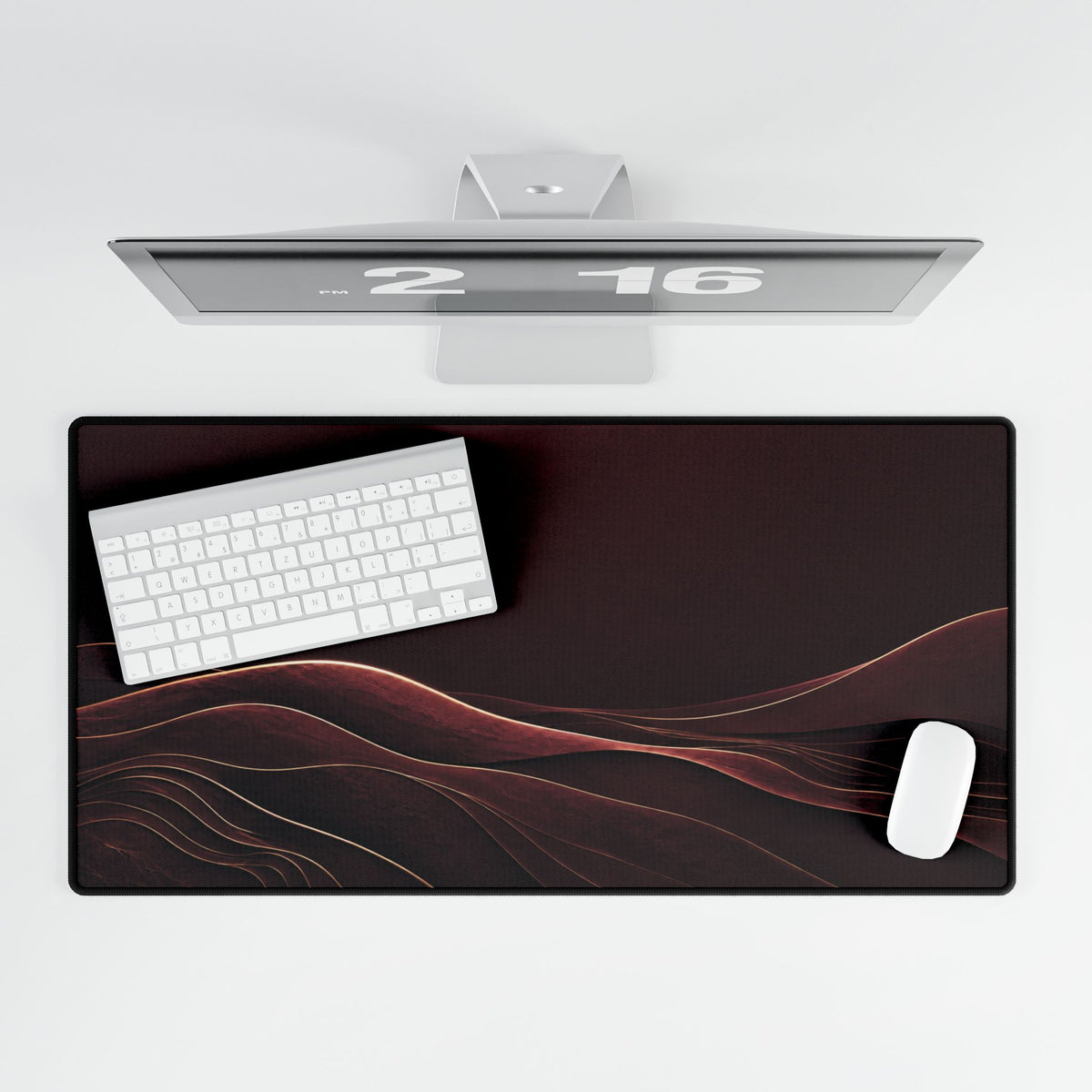 Printify preview: overhead view of Burgundy Horizon, 31.5 × 15.5 inches, with keyboard and mouse.