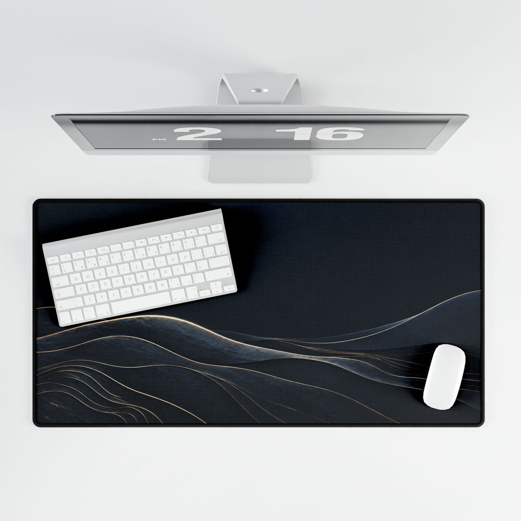 Printify preview: overhead view of Navy Horizon, 31.5 × 15.5 inches, with keyboard and mouse.