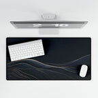 Printify preview: overhead view of Navy Horizon, 31.5 × 15.5 inches, with keyboard and mouse.
