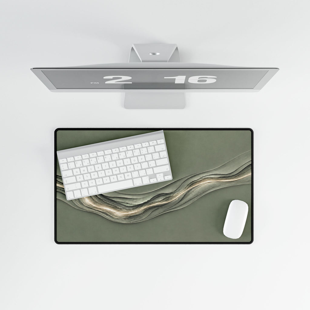 Printify preview: Sage Radiance, 23.6 × 13.8 inches, overhead desk view with keyboard and mouse.
