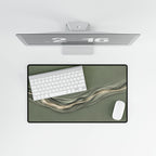 Printify preview: Sage Radiance, 23.6 × 13.8 inches, overhead desk view with keyboard and mouse.