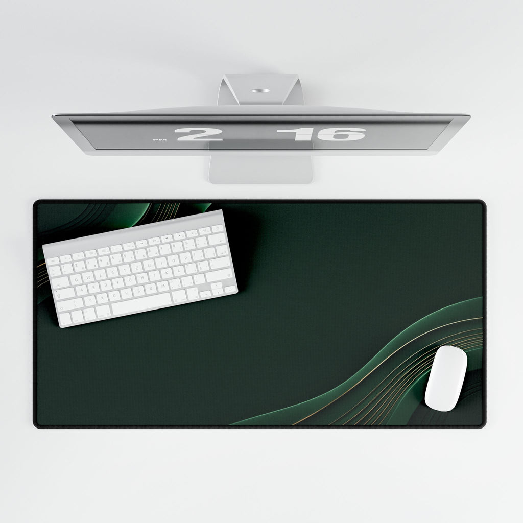 Printify preview: Forest Relief, 31.5 × 15.5 inches, overhead desk view with keyboard and mouse.
