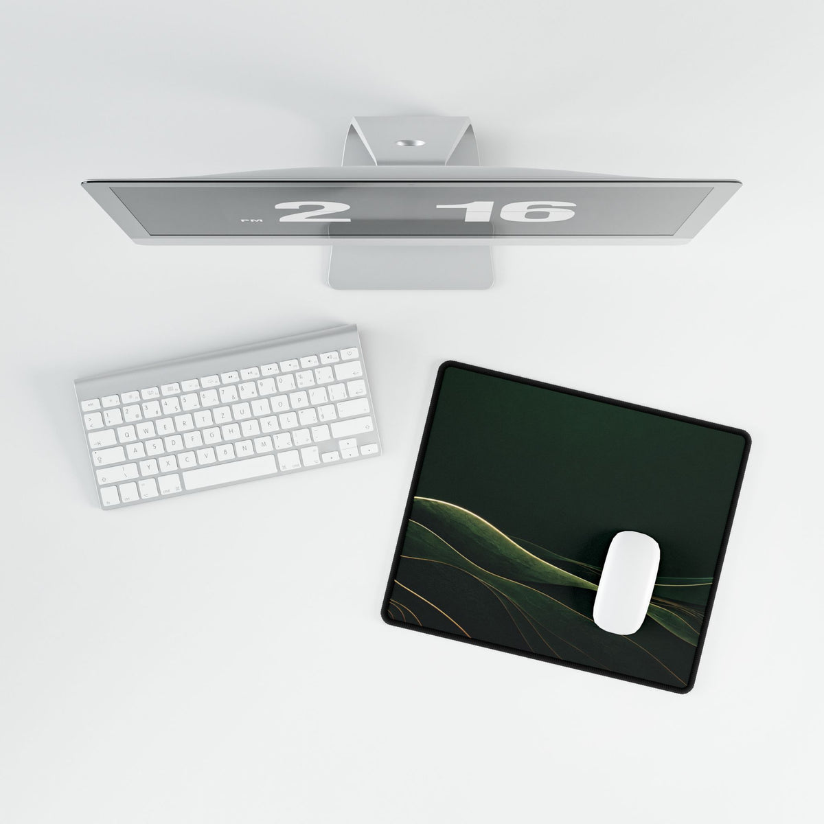 Printify preview: overhead view of Forest Horizon, 14.4 × 12.1 inches, with a mouse beside a keyboard.