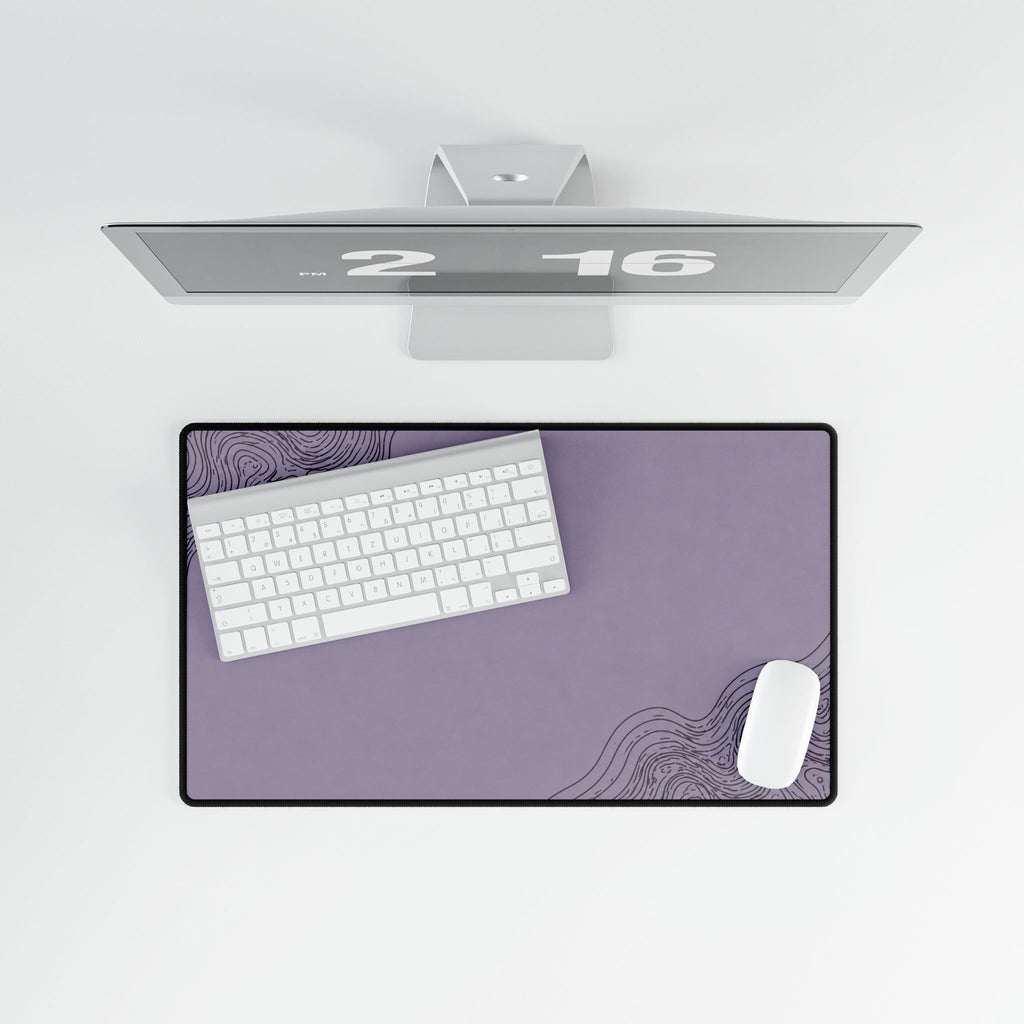 Printify preview: Minimal Smoked Lilac, 23.6 × 13.8 inches, overhead desk view with keyboard and mouse.