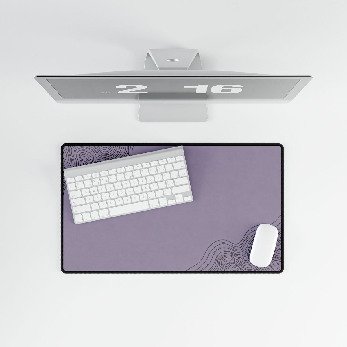 Printify preview: Minimal Smoked Lilac, 23.6 × 13.8 inches, overhead desk view with keyboard and mouse.
