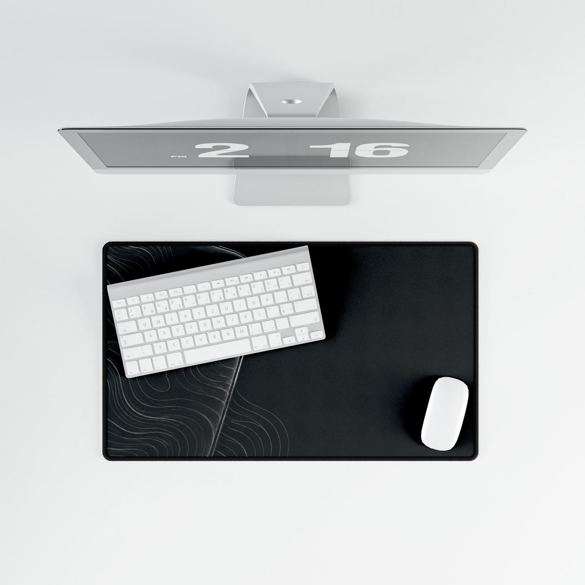 Printify preview: overhead view of Graphite Optic, 23.6 × 13.8 inches, with keyboard and mouse.