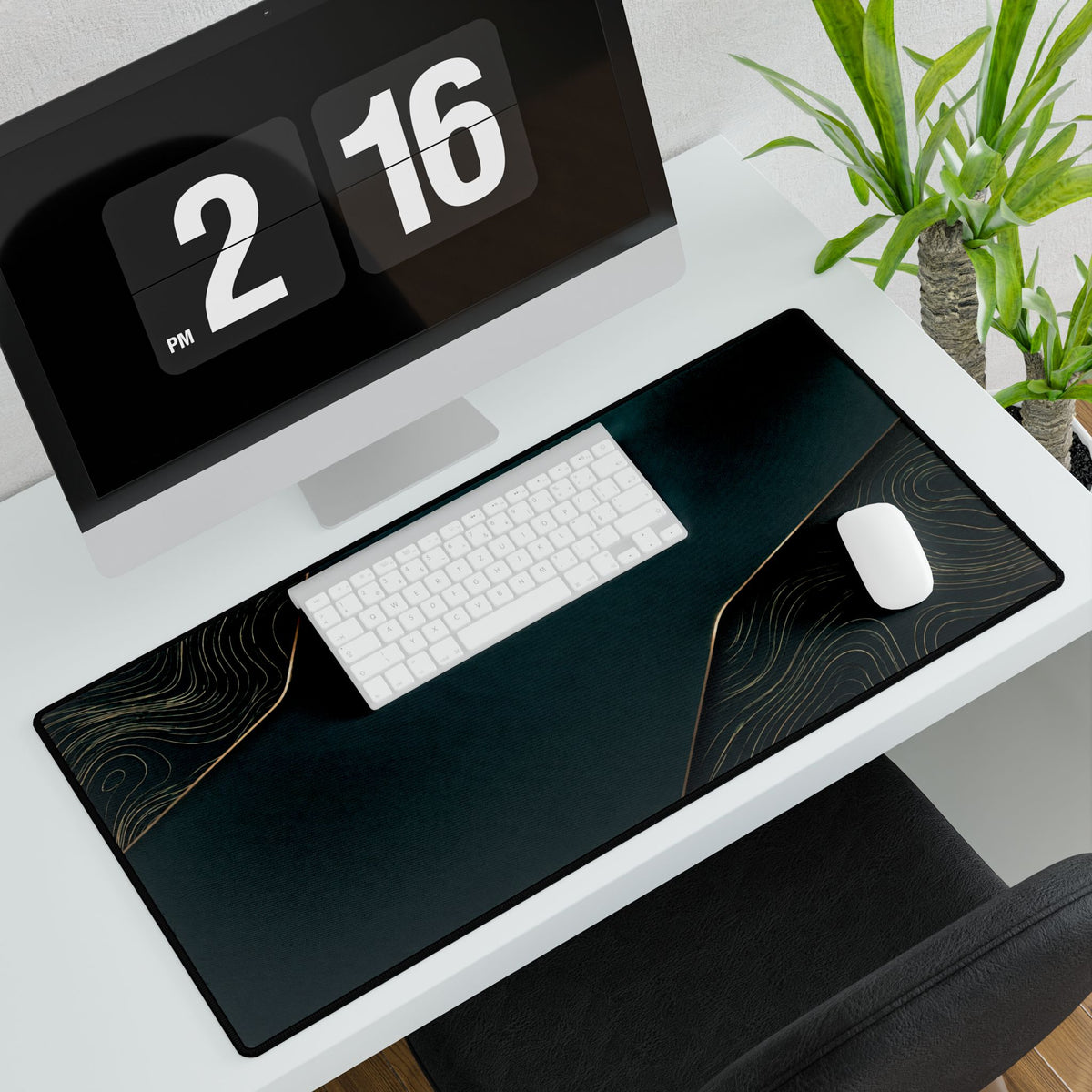 Printify preview: Teal Cutaway, 31.5 × 15.5 inches, with keyboard and mouse on a white desk, viewed at an angle.