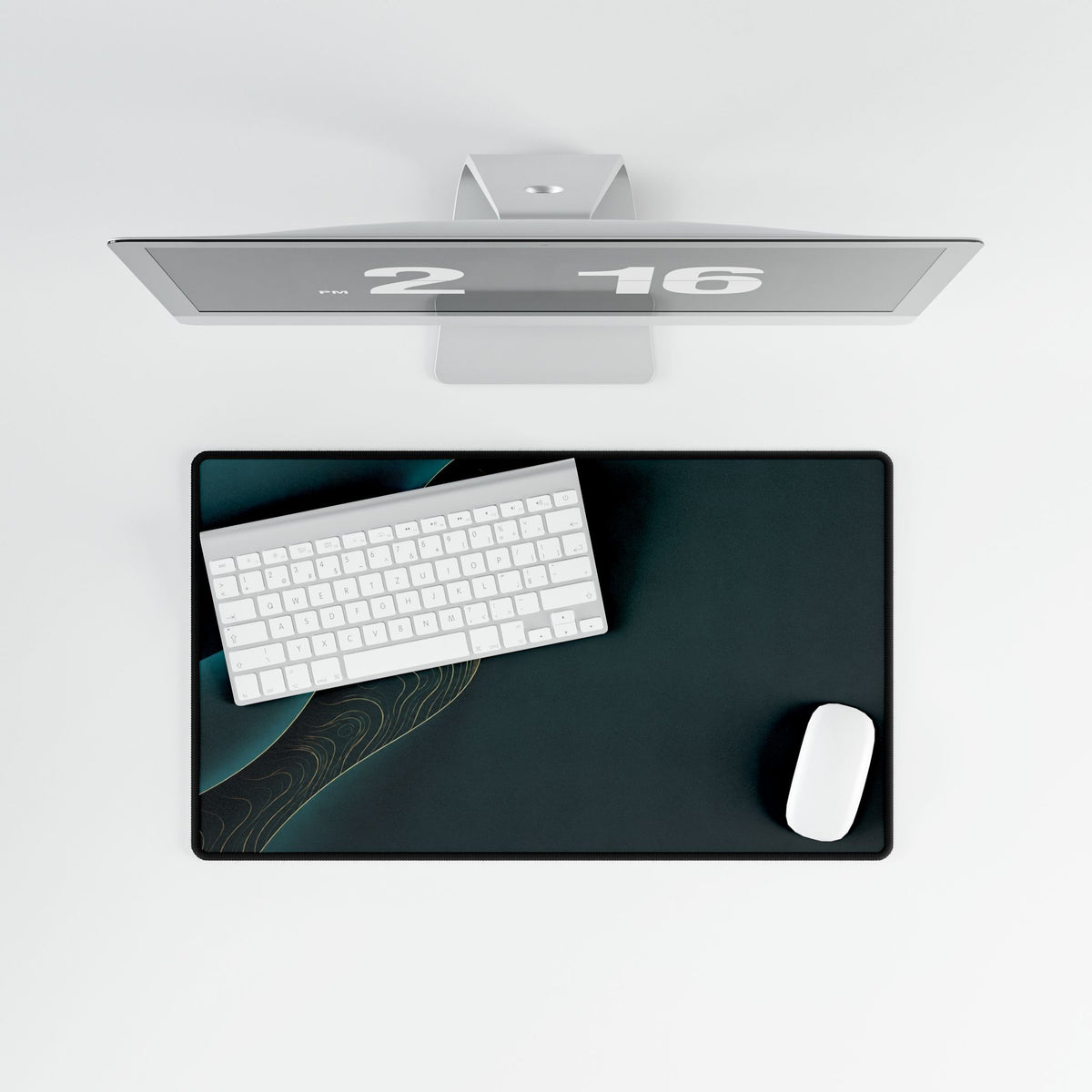 Printify preview: Teal Fold, 23.6 × 13.8 inches, overhead desk view with keyboard and mouse.