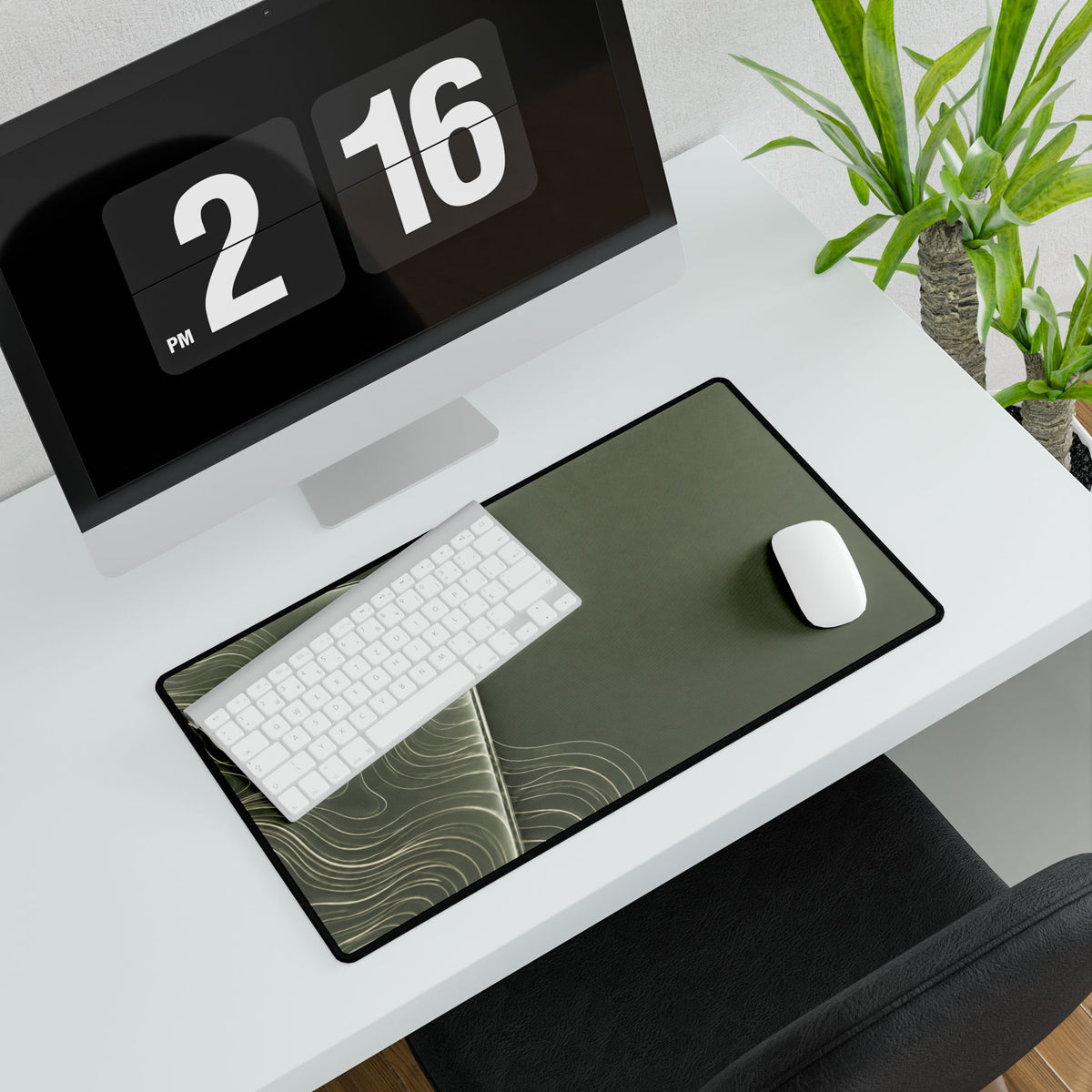 Printify preview: Sage Optic, 23.6 × 13.8 inches, with keyboard and mouse on a white desk, viewed at an angle.
