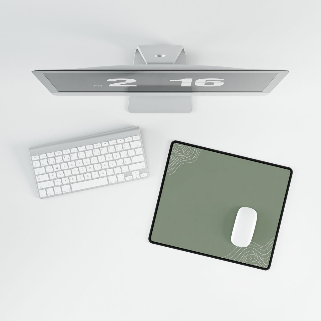 Overhead view of Minimal Green compact desk mat with a mouse beside the keyboard.