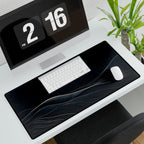 Printify preview: Navy Horizon, 31.5 × 15.5 inches, with keyboard and mouse on a white desk, viewed at an angle.