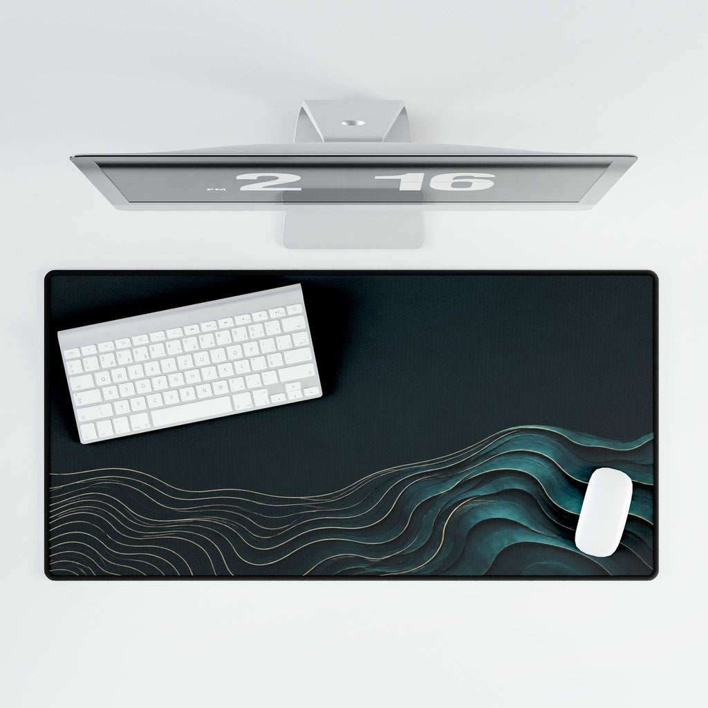 Printify preview: overhead view of Teal Evolution, 31.5 × 15.5 inches, with keyboard and mouse.