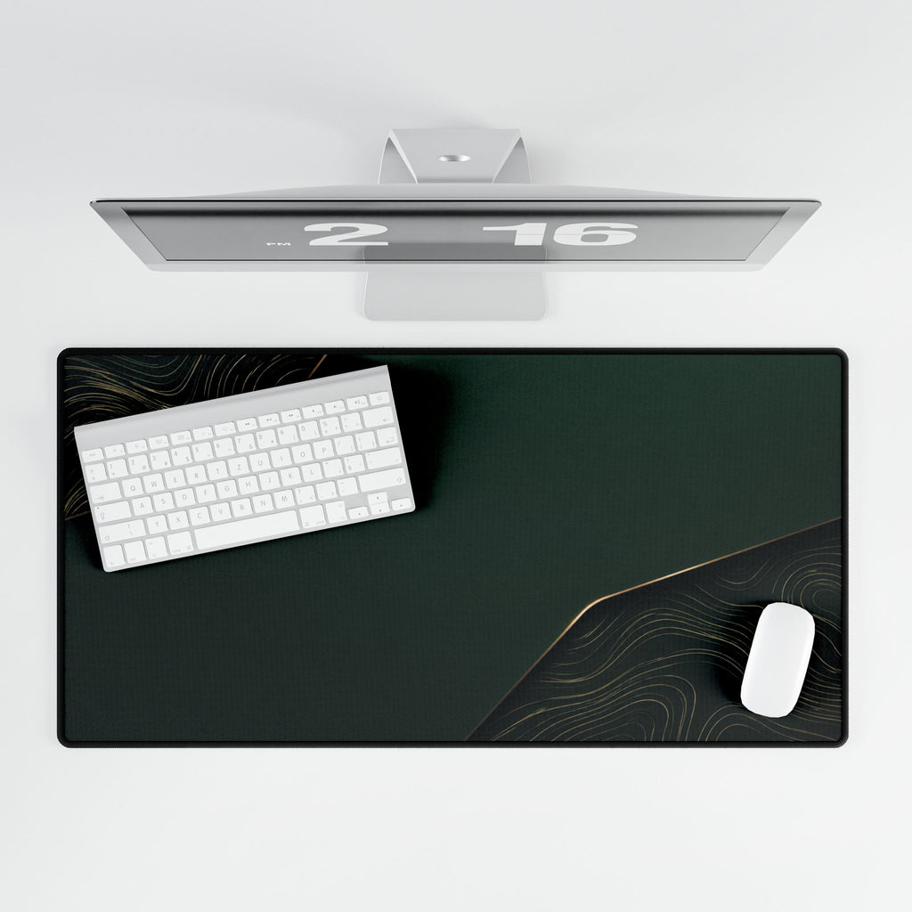 Printify preview: overhead view of Forest Cutaway, 31.5 × 15.5 inches, with keyboard and mouse.