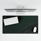 Printify preview: overhead view of Forest Cutaway, 31.5 × 15.5 inches, with keyboard and mouse.