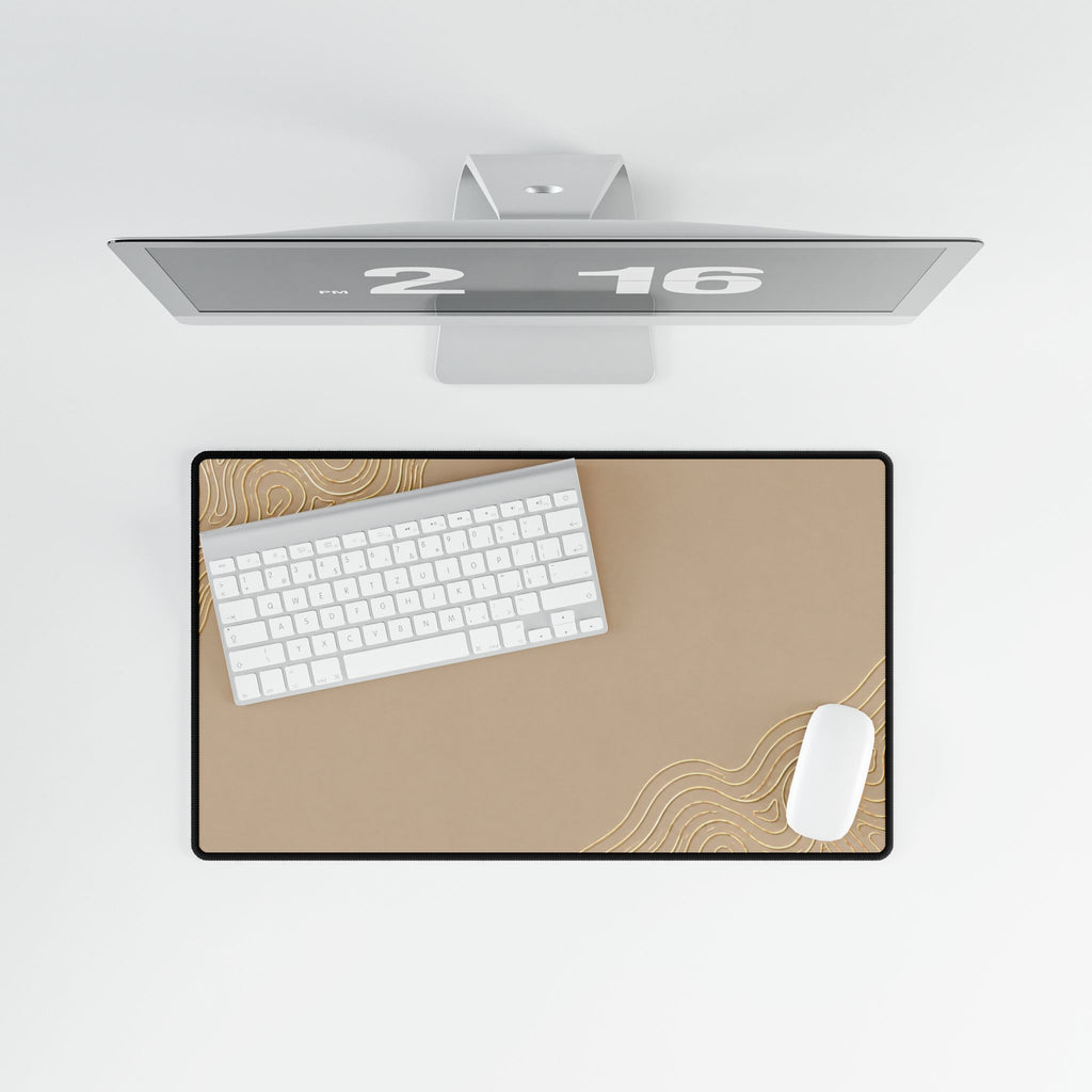 Overhead view of Minimal Beige medium-format desk mat on a white desk.