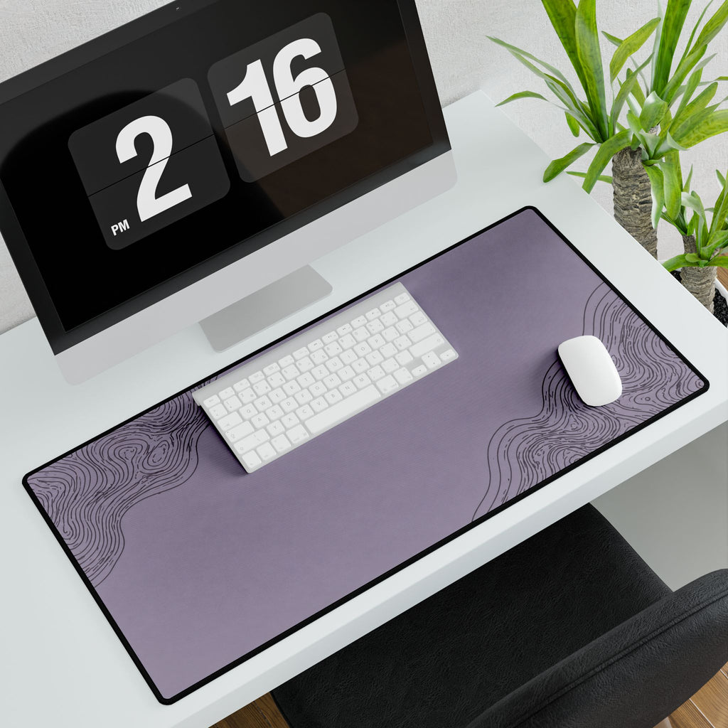 Printify preview: Minimal Smoked Lilac, 31.5 × 15.5 inches, angled desk view with keyboard and mouse.