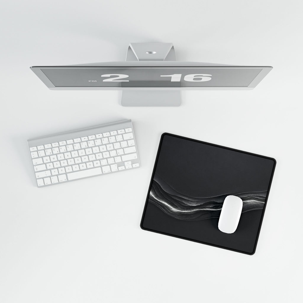 Printify preview: Charcoal Radiance, 14.4 × 12.1 inches, overhead desk view with keyboard and mouse.