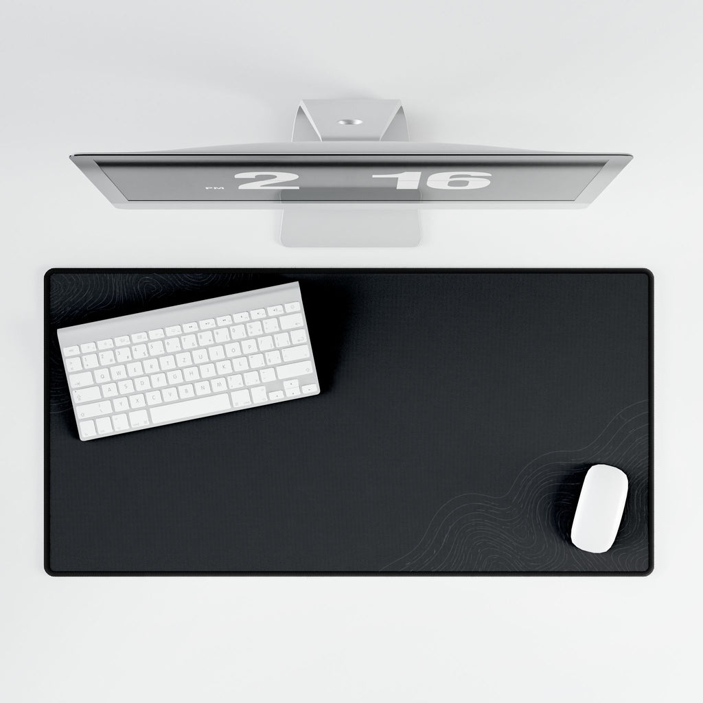 Printify preview: Minimal Graphite Shadow, 31.5 × 15.5 inches, overhead desk view with keyboard and mouse.