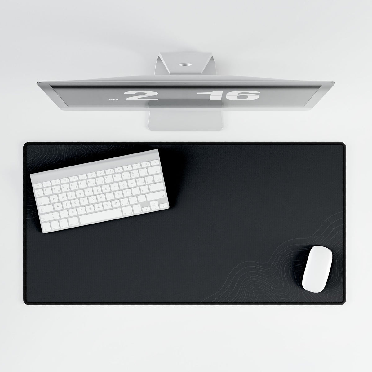 Printify preview: Minimal Graphite Shadow, 31.5 × 15.5 inches, overhead desk view with keyboard and mouse.