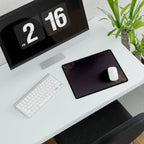 Printify preview: Minimal Aubergine Gold, 14.4 × 12.1 inches, angled desk view with keyboard and mouse.