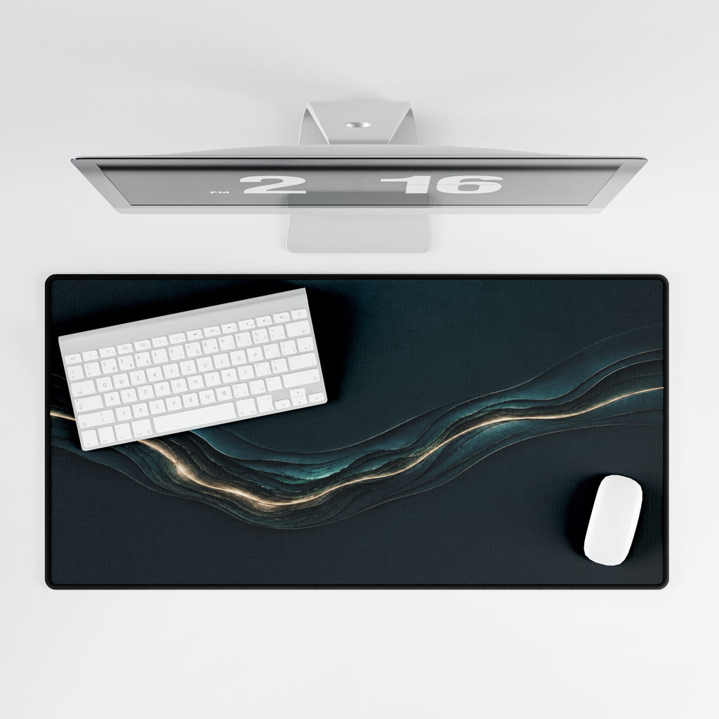 Printify preview: Teal Radiance, 31.5 × 15.5 inches, overhead desk view with keyboard and mouse.