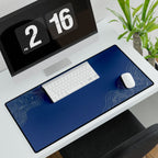 Printify preview: Minimal Cobalt Pearl, 31.5 × 15.5 inches, angled desk view with keyboard and mouse.