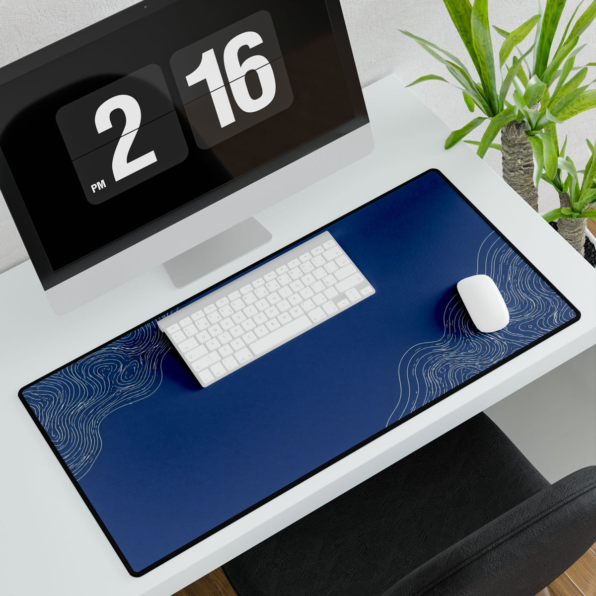 Printify preview: Minimal Cobalt Pearl, 31.5 × 15.5 inches, angled desk view with keyboard and mouse.