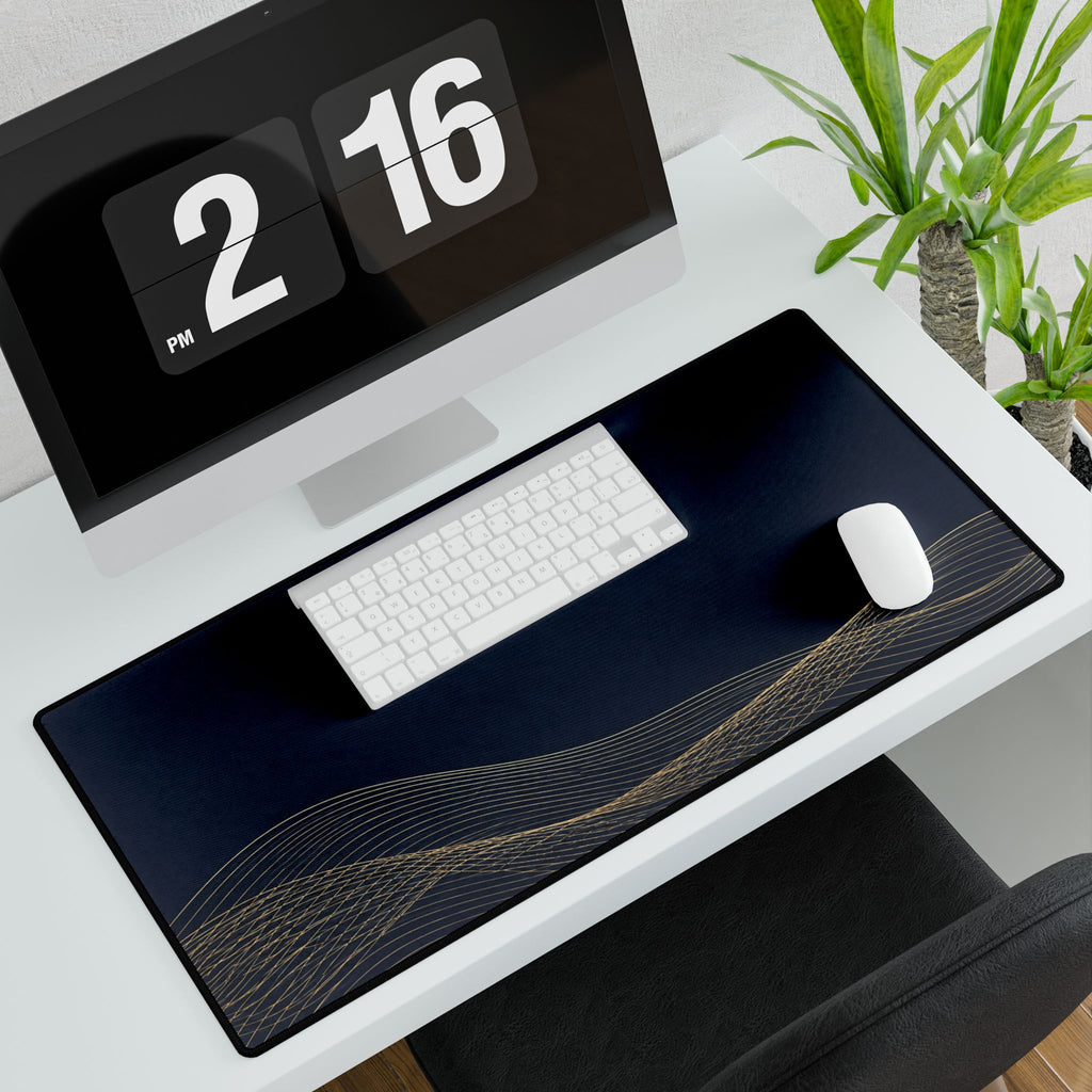 Printify preview: Navy Interference, 31.5 × 15.5 inches, with keyboard and mouse on a white desk, viewed at an angle.