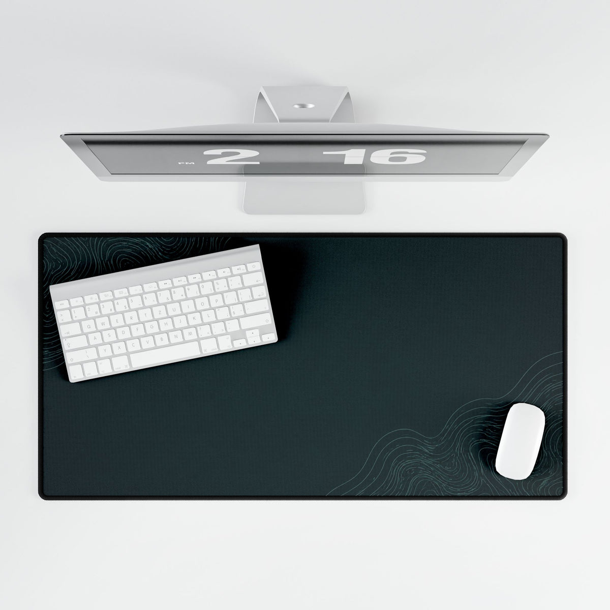 Printify preview: Minimal Deep Teal, 31.5 × 15.5 inches, overhead desk view with keyboard and mouse.
