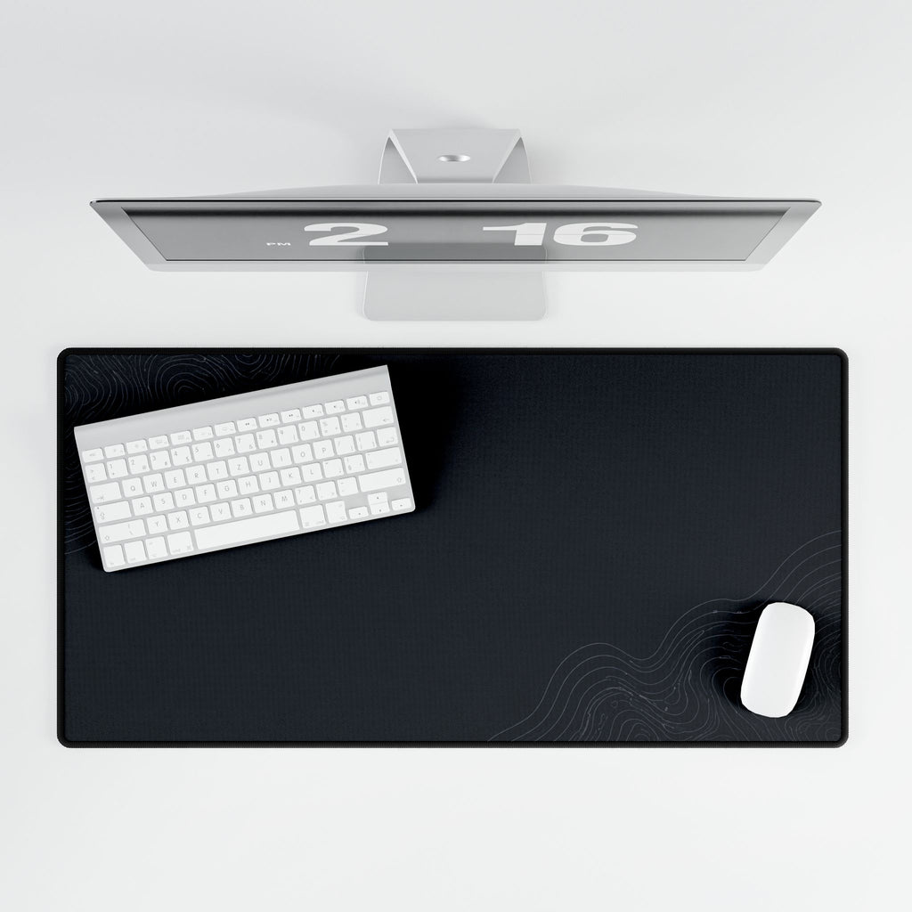 Printify preview: Minimal Midnight Navy, 31.5 × 15.5 inches, overhead desk view with keyboard and mouse.