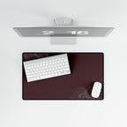 Printify preview: Minimal Oxblood Platinum, 23.6 × 13.8 inches, overhead desk view with keyboard and mouse.