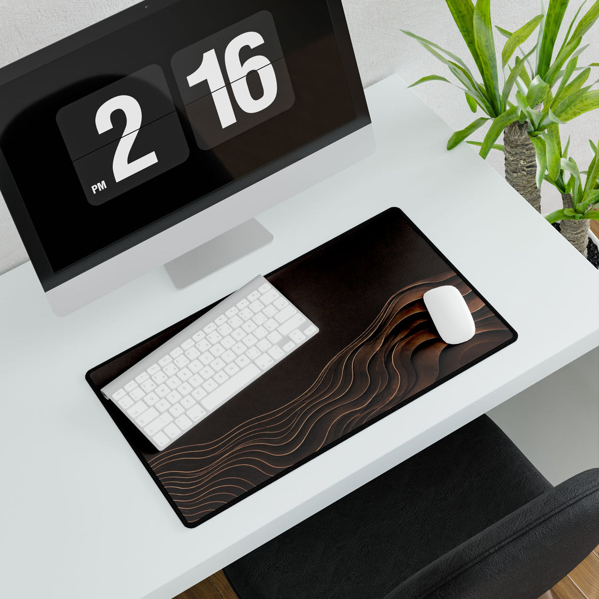 Printify preview: Espresso Evolution, 23.6 × 13.8 inches, with keyboard and mouse on a white desk, viewed at an angle.