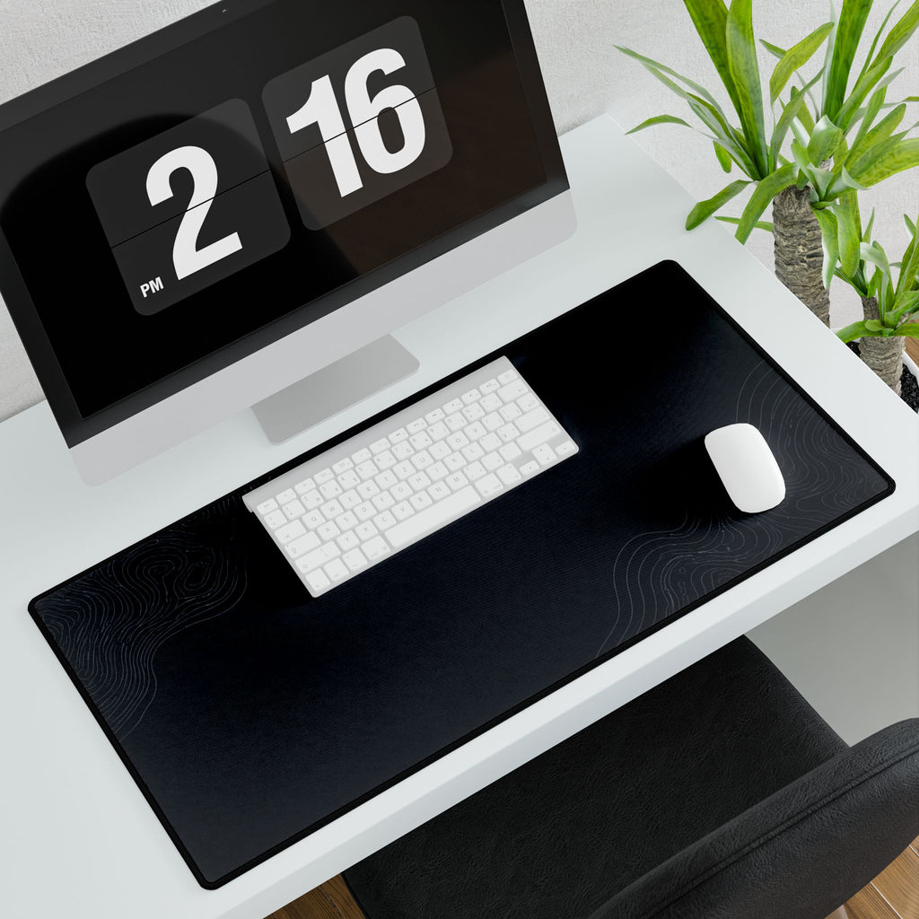 Printify preview: Minimal Midnight Navy, 23.6 × 13.8 inches, angled desk view with keyboard and mouse.