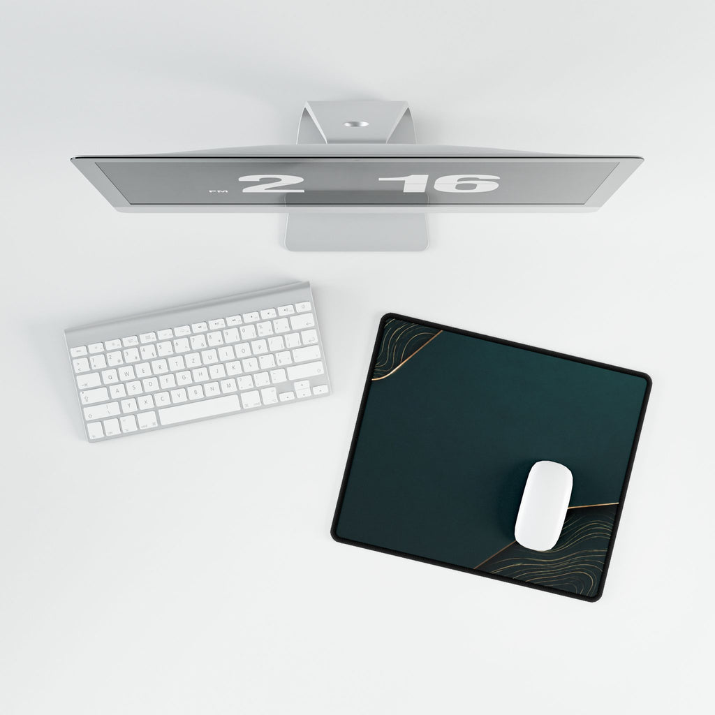 Printify preview: overhead view of Teal Cutaway, 14.4 × 12.1 inches, with a mouse beside a keyboard.