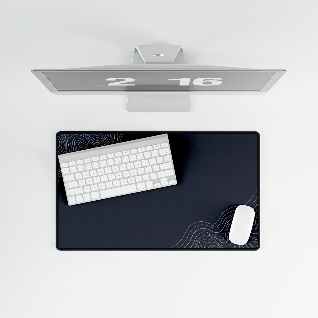 Overhead view of Minimal Navy medium-format desk mat on a white desk.