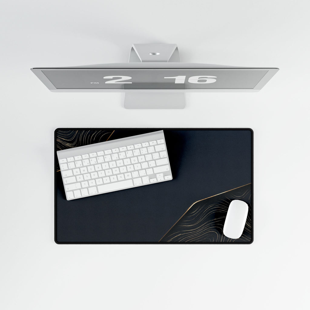 Printify preview: overhead view of Navy Cutaway, 23.6 × 13.8 inches, with keyboard and mouse.