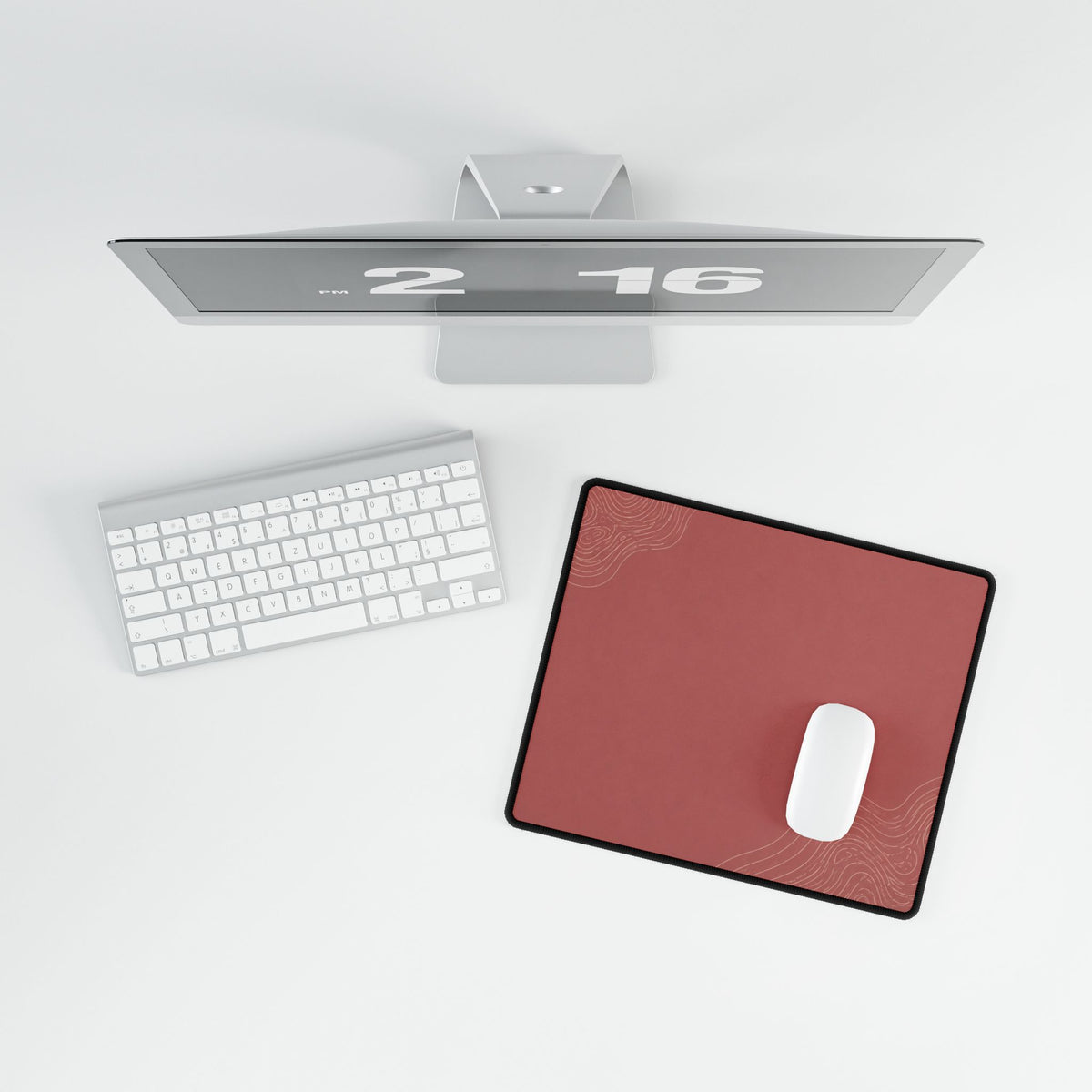 Printify preview: Minimal Rose Clay, 14.4 × 12.1 inches, overhead desk view with keyboard and mouse.