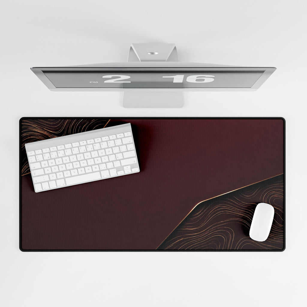 Printify preview: overhead view of Burgundy Cutaway, 31.5 × 15.5 inches, with keyboard and mouse.