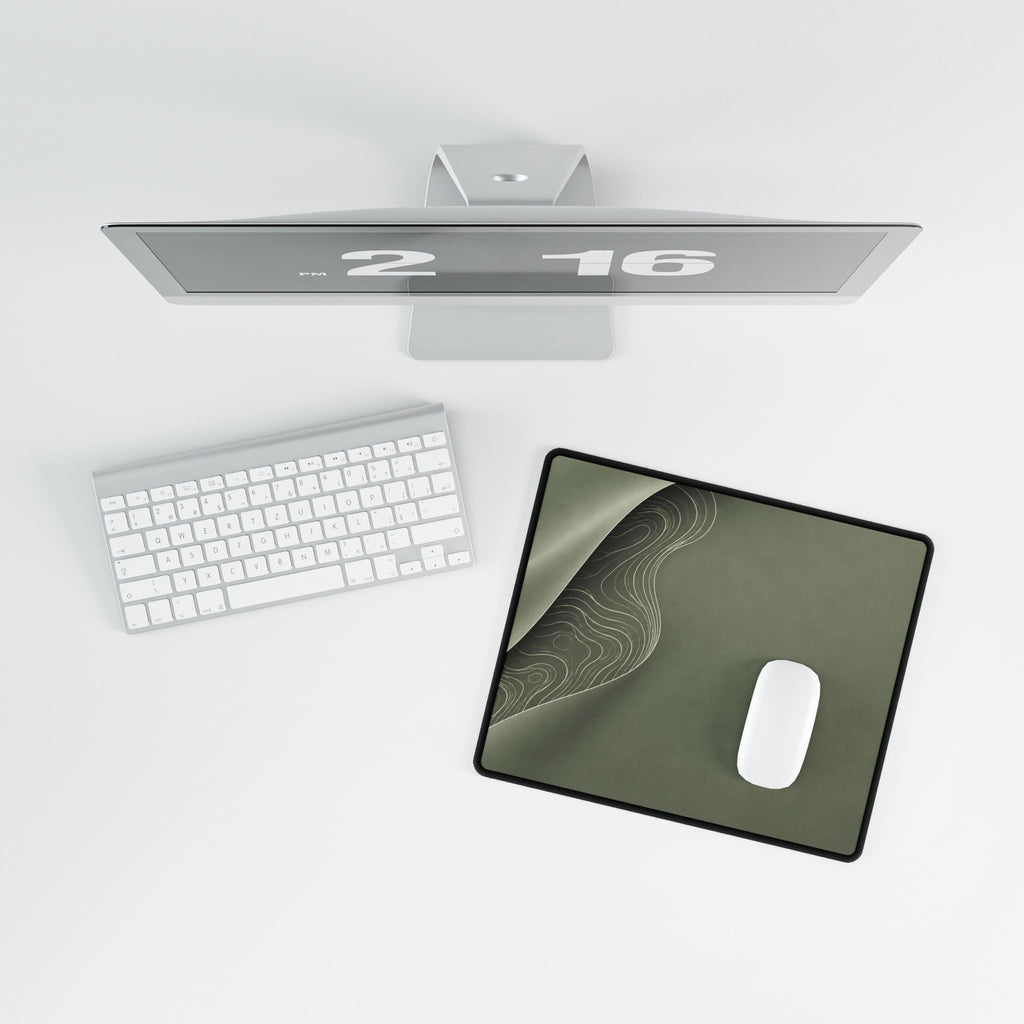 Printify preview: Sage Fold, 14.4 × 12.1 inches, overhead desk view with keyboard and mouse.