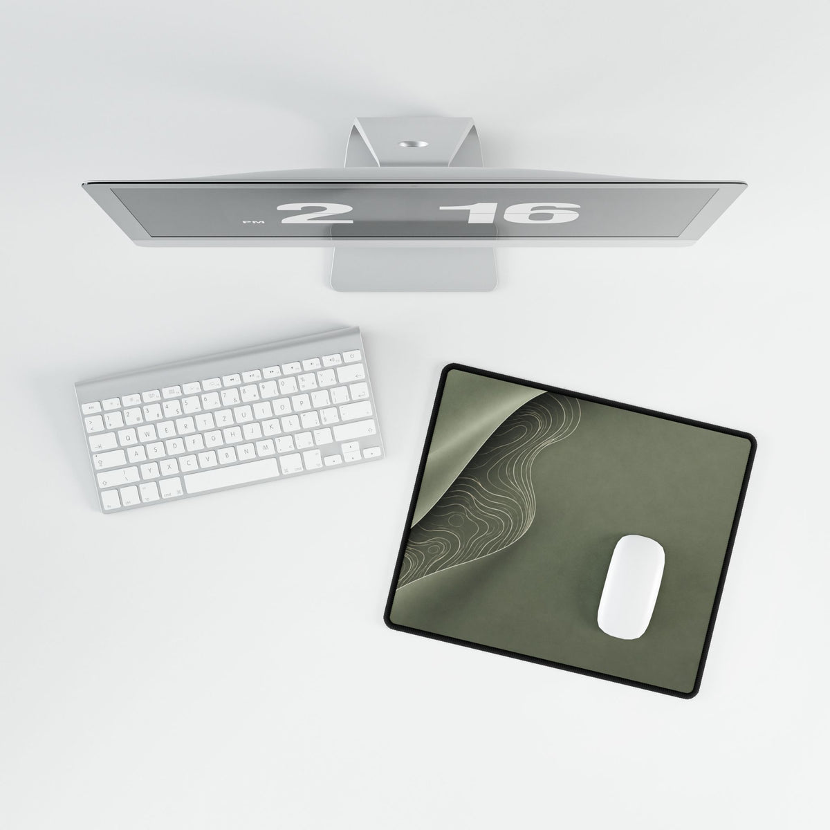Printify preview: Sage Fold, 14.4 × 12.1 inches, overhead desk view with keyboard and mouse.